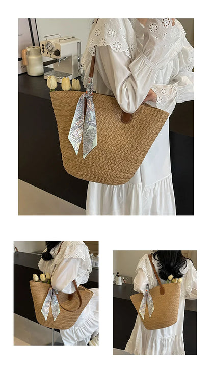 Elegant Woven Tote Bag with Scarf Accent
