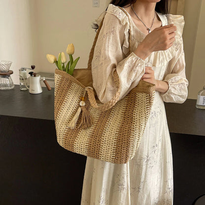 Elegant Striped Straw Tote Bag with Tassel Charm
