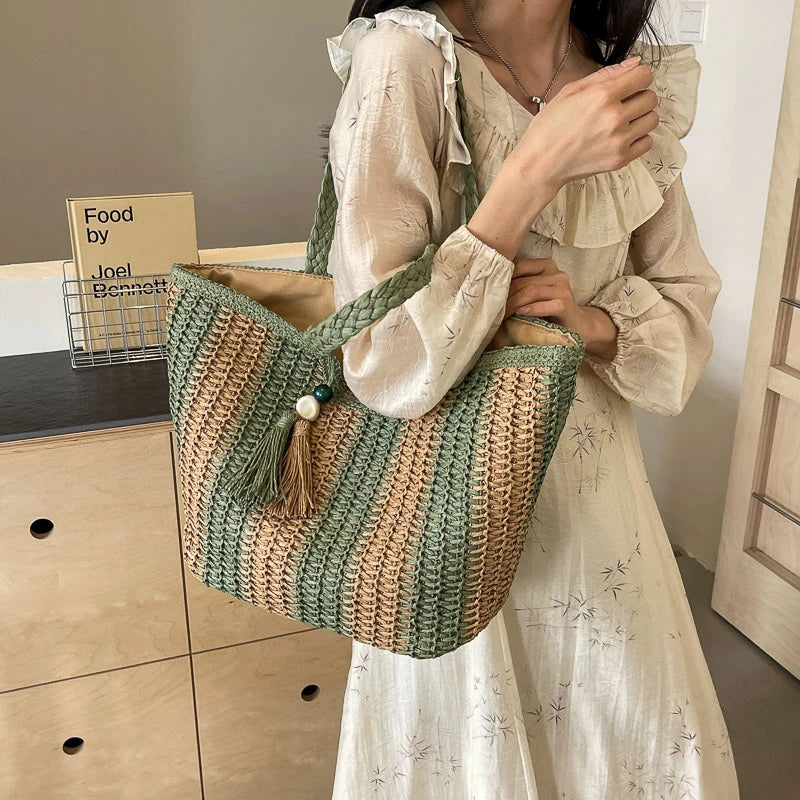 Elegant Striped Straw Tote Bag with Tassel Charm