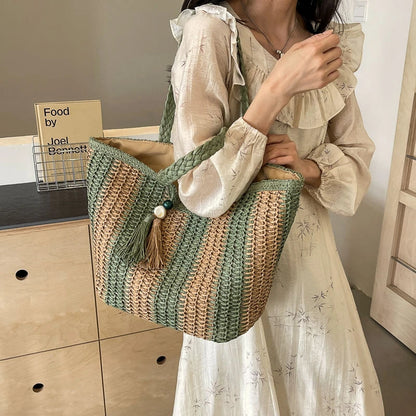 Elegant Striped Straw Tote Bag with Tassel Charm