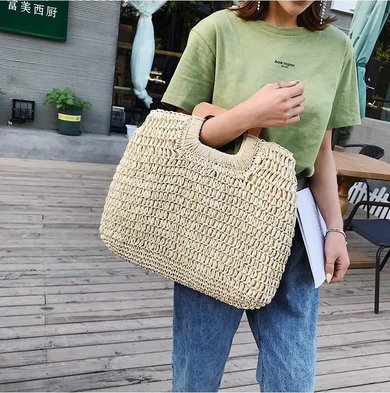 Elegant Woven Straw Handbag with Wooden Handle