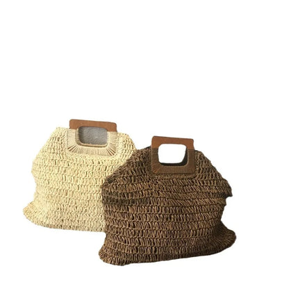 Elegant Woven Straw Handbag with Wooden Handle