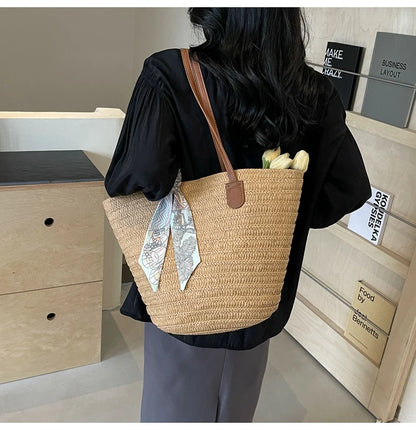 Elegant Woven Tote Bag with Scarf Accent