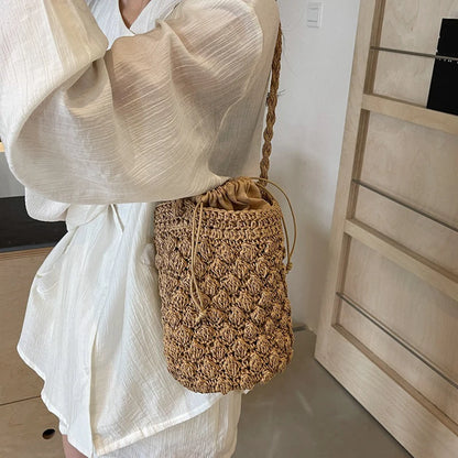 Exquisite Women's Straw Bucket Bag - Bohemian Elegance