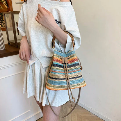 Exquisite Rattan Bucket Bag with Bamboo Handle
