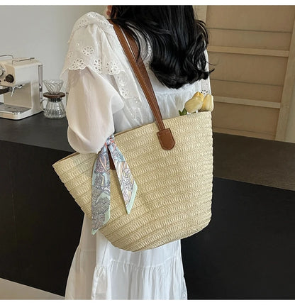 Elegant Woven Tote Bag with Scarf Accent