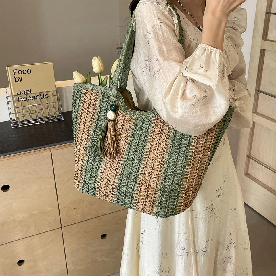 Elegant Striped Straw Tote Bag with Tassel Charm