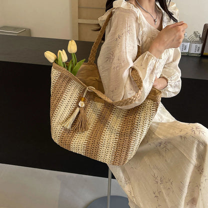 Elegant Striped Straw Tote Bag with Tassel Charm